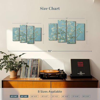 ElephantStock Almond Blossoms Wall Art - Horizontal Canvas - 4-Piece Living Room Wall Decor - Flower Painting Canvas Print - Blue and Green Decor for Wall by Vincent Van Gogh - 24" X 14"