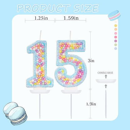 Blue Birthday Candles - Number 15 Candle, Colorful Macaron Candles, 15 Birthday Decorations for Girls Boys, Cake Decorations, Theme Party Supplies (Blue)