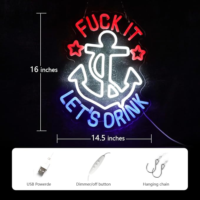 JFLLamp FUNK IT LET'S DRINK Neon Signs for Wall Decor Anchor Decor Neon Lights for Bedroom Led Signs Suitable for Man Cave Beer Bar Pub Restaurant Christmas 5V Usb Power, 14.5*16 Inch(Red+White+Blue)