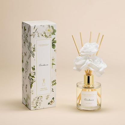 Cocorrína Reed Diffuser Set,6.7oz (200ml) Gardenia Scented Diffuser with 3 White Rose Foam Flowers & Cotton Sticks, Home Fragrance Reed Diffuser for Bathroom Shelf Decor