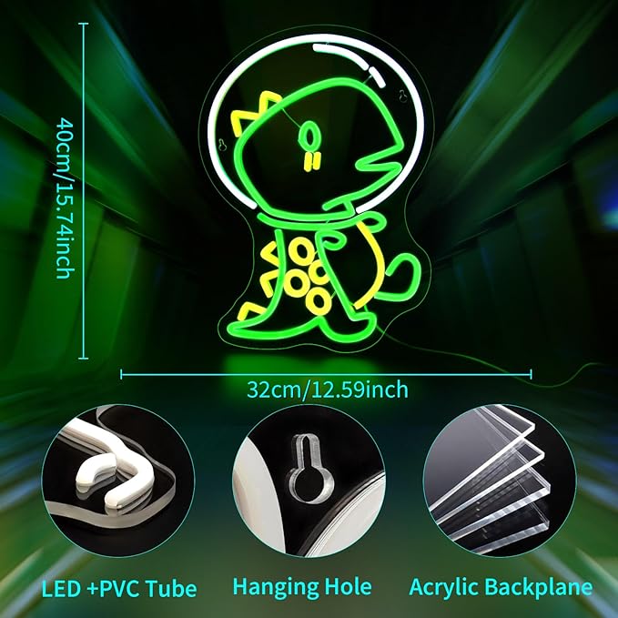 Dinosaur Neon Sign, JGHTURIE Animal Led Neon Signs for Wall Decor Astronaut Dinosaur Green Light Up Sign Game Room Kids Boys Bar Signs for Man Cave Decor USB Powered