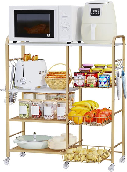 HapiRm Rolling Kitchen Microwave Cart - 4 Tier Microwave Table Stand with Pull-Out Baskets, Coffee Bar Baker's Rack with Wheels Rolling Storage Cart Organizer Shelf for Living Room Office, Balcony