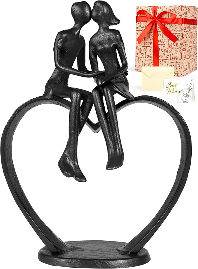 Gifts for Wife, Kissing Couple & Loving Heart Statue Cast Iron Sculpture Decor, Wedding Anniversary Birthday Gifts for Wife Women Girlfriend Her, Loving Couple Gifts for Christmas
