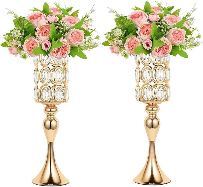 Versatile Vases Set of 2 - 18" Tall Flower Holders Centerpiece Stands with Bling Stones, Gold Trumpet Wedding Vase for Anniversary, Party, Event, Reception, Home Decor