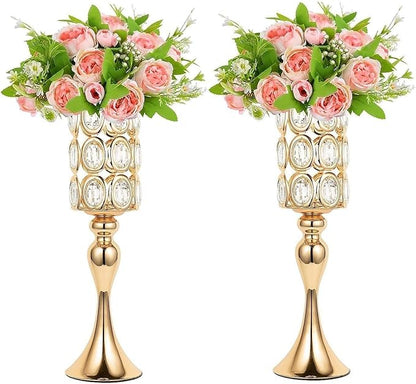Versatile Vases Set of 2 - 18" Tall Flower Holders Centerpiece Stands with Bling Stones, Gold Trumpet Wedding Vase for Anniversary, Party, Event, Reception, Home Decor