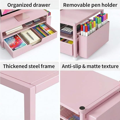 Desk Organizer and Accessories, 2-Tier Computer Monitor Stand Rise with Storage Drawer & 2 Pen Holders, Laptop & Printer Stand for Desktop, Workspace Organizers for Office Supplies (Pink)