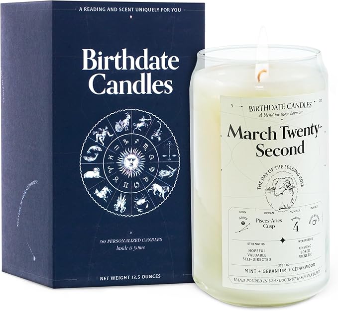 Birthdate Candles, March 22 - Aries Zodiac Scented Candles Birthday Gift - Mint, Geranium & Cedarwood Scent - All-Natural Soy & Coconut Wax, 60-80 Hour Burn Time - Made in USA