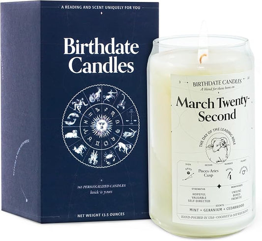 Birthdate Candles, March 22 - Aries Zodiac Scented Candles Birthday Gift - Mint, Geranium & Cedarwood Scent - All-Natural Soy & Coconut Wax, 60-80 Hour Burn Time - Made in USA