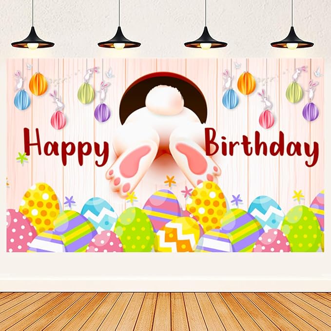 Easter Themed Happy Birthday Party Decorations, Rabbit Egg Backdrop Tablecloth, Happy Birthday Banner, Bunny Foil Confetti Balloons, Cake Topper, Colorful Latex Balloons for Boys Girls