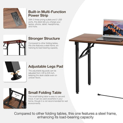TEMI Long Computer Desk Folding Table - No Assembly, Compact 55.1" Foldable Desk with Power Outlets & USB Charging Port, Portable Lagre Office Desk, Ideal Large Study Table for Narrow Spaces, Walunt