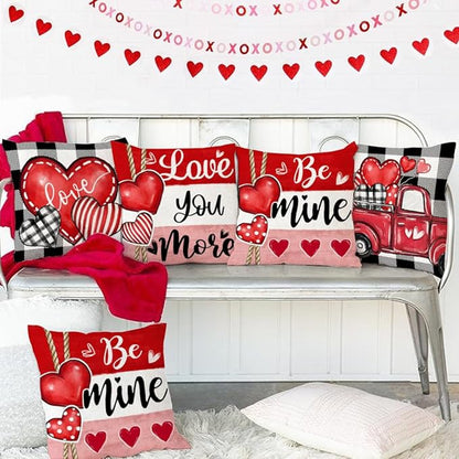 GEEORY Valentine's Day Love You More Be Mine Throw Pillow Covers 18x18 Inch Set of 4, Red Hearts Truck Stripes Plaid Decorative Farmhouse Wedding Cushion Case for Home Decoration G658-18