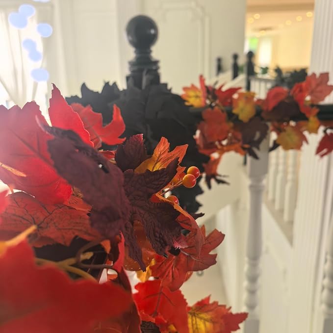 Artificial Fall Garland with Maple Leaves, Pumpkins & Berries – 7ft Autumn Garland for Thanksgiving,Halloween, Fireplace Mantel, Doorway & Fall Harvest Table Decor