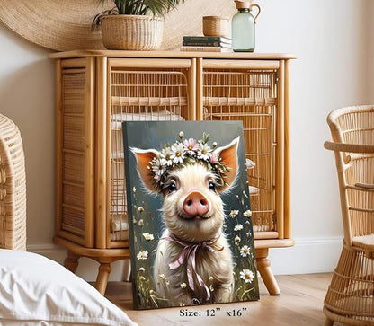 ZOIYINO Farm Animals Canvas Wall Art,Rustic Farmhouse Pig Wall Art,Pig Pictures Wall Decor,Funny Farm Animals Wildflower Bathroom Decor for Living Room Bedroom Kitchen(12"x16"Framed)