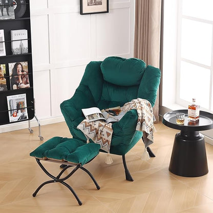 LITA Lazy Chair with Ottoman, Modern Accent Leisure Upholstered Sofa Chair, Contemporary Lounge Reading Chairs with Armrests and a Side Pocket for Living Room, Bedroom & Small Space, Dark Green