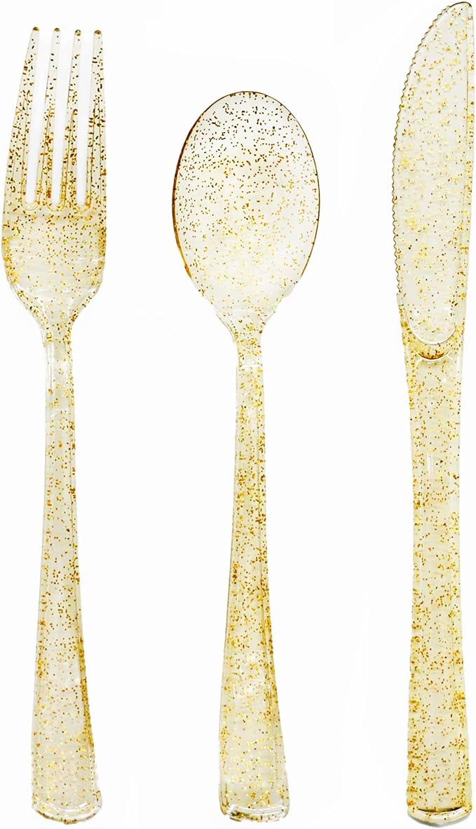 150 Pack Gold Plastic Silverware, Glitter Plastic Silverware Heavy Duty -50 Gold Glitter Forks, 50 Knives, 50 Spoons for Birthday, Baby Shower, Bridal Shower, Family Gathering