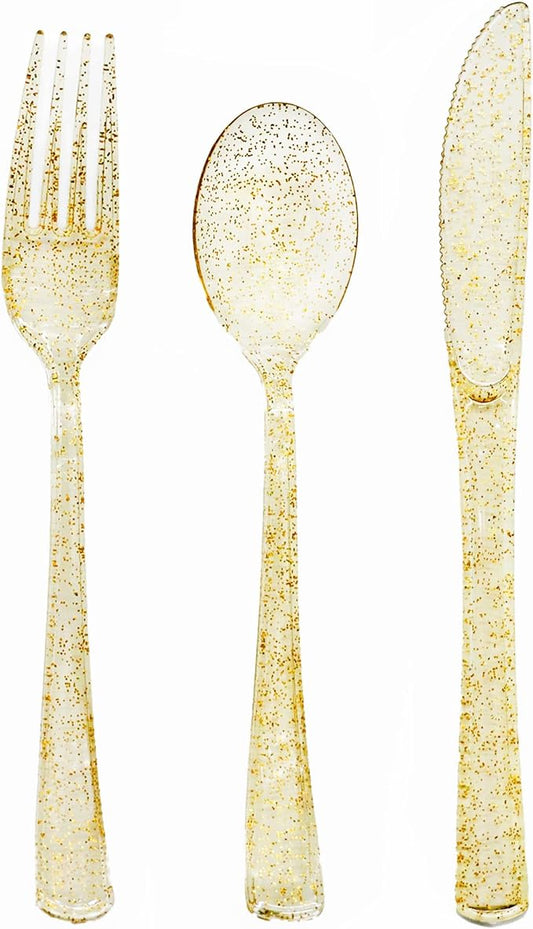 150 Pack Gold Plastic Silverware, Glitter Plastic Silverware Heavy Duty -50 Gold Glitter Forks, 50 Knives, 50 Spoons for Birthday, Baby Shower, Bridal Shower, Family Gathering