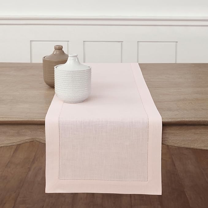 Solino Home Linen Pink Table Runner 144 Inches Long - 100% Pure Linen Extra Long Table Runner 14 x 144 Inch - Classic Hemstitch