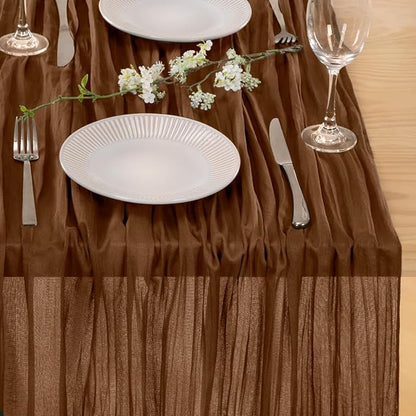 MLMC 3 Pack Brown Table Runner 10ft Boho Rustic Gauze Coffee Cheesecloth Table Runner Neutral Winter Decor 35x120 Inches for Wedding Bridal Shower Reception Party Decor