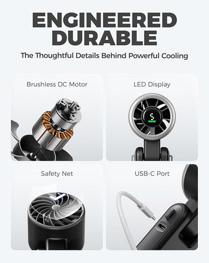 Diveblues Portable Handheld Turbo Fan, 5 Gear Wind, Battery Operated, Up to 12 Working Hours, 3 IN 1 Hand Fan with Air Turbo Tech Cooling Fan for Outdoor Activities, Travel, Working, Obsidian black