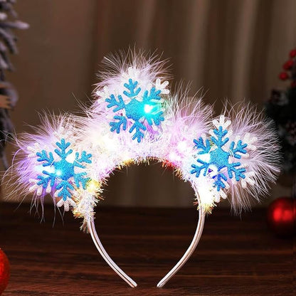 GORTIN Light up Snowflake Christmas Headbands LED Xmas Headpiece White Feather Glowing Hair Band Holiday Hair Accessories for Women and Girls