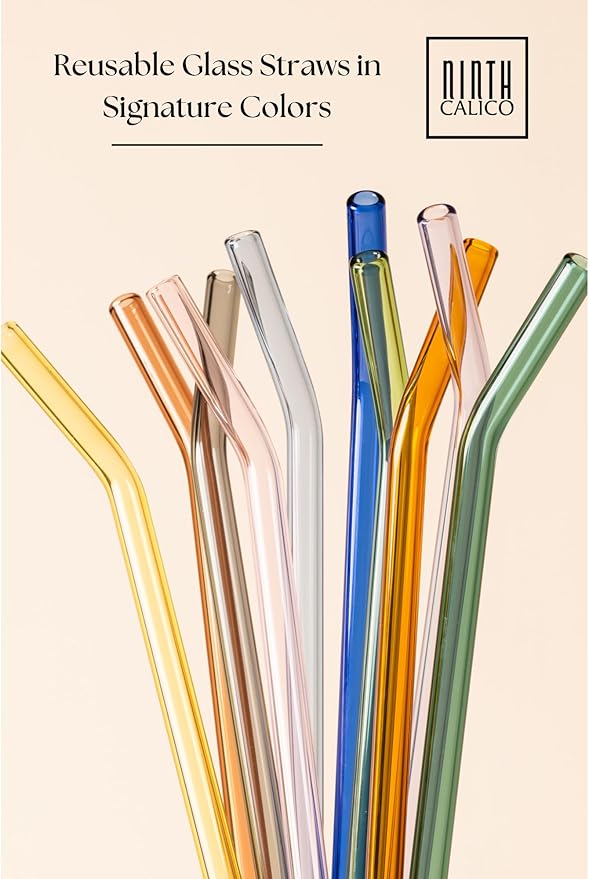 10 Pcs Reusable Glass Drinking Straws, Colorful and Durable Glass Straws for Beverages, Smoothies, Iced Coffee, Juice, Set of 10-5 Straight, 5 Bent, 2 Cleaning Brushes (Ocean Eyes Set)