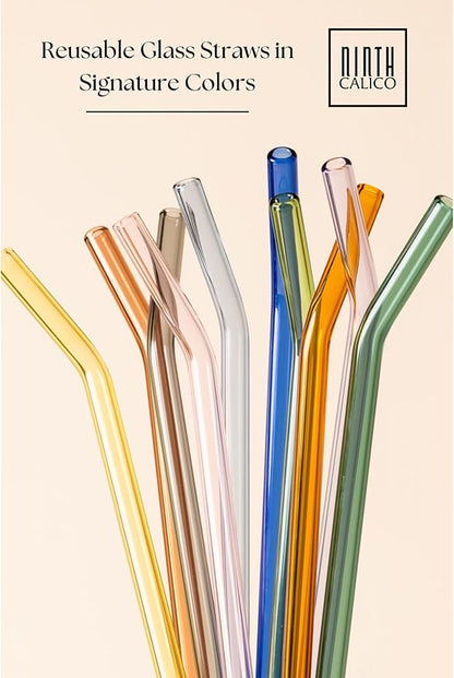 10 Pcs Reusable Glass Drinking Straws, Colorful and Durable Glass Straws for Beverages, Smoothies, Iced Coffee, Juice, Set of 10-5 Straight, 5 Bent, 2 Cleaning Brushes (Ocean Eyes Set)