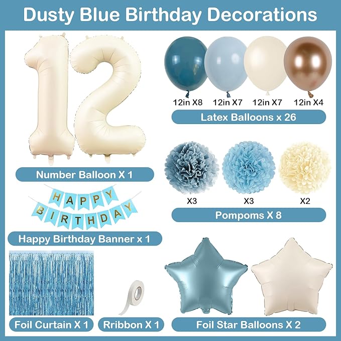 Dusty Blue 12th Birthday Party Decorations Boys Girls Beige Cream Number 12 Balloon with Blue Gold Happy Birthday Banner Fringe Curtain Paper Pom Poms Nude White Sand Champagne Star Foil Balloons