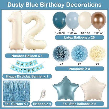 Dusty Blue 12th Birthday Party Decorations Boys Girls Beige Cream Number 12 Balloon with Blue Gold Happy Birthday Banner Fringe Curtain Paper Pom Poms Nude White Sand Champagne Star Foil Balloons