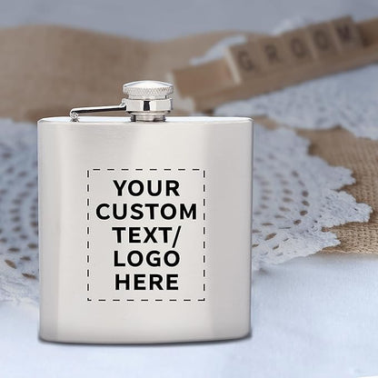 Custom Murano Stainless Steel Hip Flasks 6 oz. Set of 50, Personalized Bulk Pack - Screw on Cap, Great for Wedding Party Gifts, Groomsmen Gifts, Outdoor Activities - Silver
