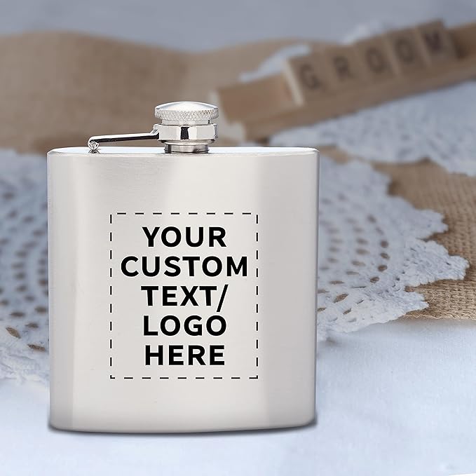Custom Murano Stainless Steel Hip Flasks 6 oz. Set of 100, Personalized Bulk Pack - Screw on Cap, Great for Wedding Party Gifts, Groomsmen Gifts, Outdoor Activities - Silver