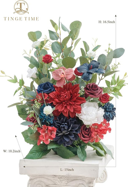 TINGE TIME Free-Standing Artificial Flower, Set of 2, Table Centerpiece with Rubber Pad, Silk Fake Flower for Wedding Centerpiece Archway Aisle Welcome Entrance (Red&NavyBlue)