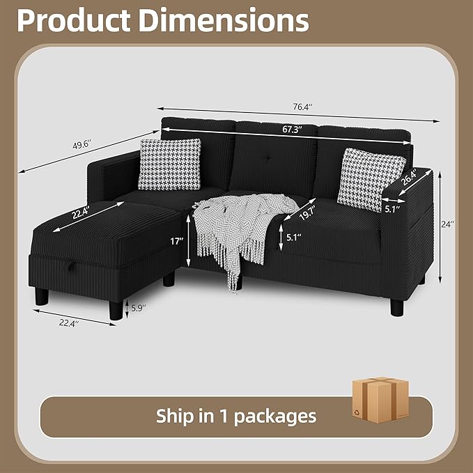 JAMFLY Convertible Sectional Couches for Living Room, L-Shaped Couch 3 Seat Sectional Sofa Set with Corduroy Fabric and Movable Ottoman Small Couch for Apartments, Office(Black)