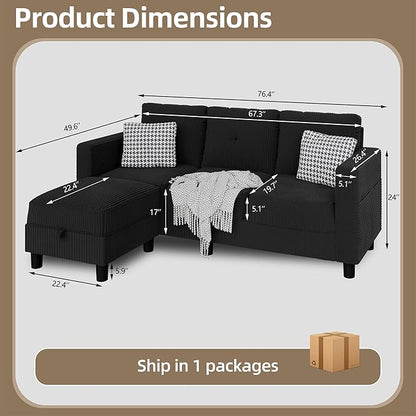JAMFLY Convertible Sectional Couches for Living Room, L-Shaped Couch 3 Seat Sectional Sofa Set with Corduroy Fabric and Movable Ottoman Small Couch for Apartments, Office(Black)