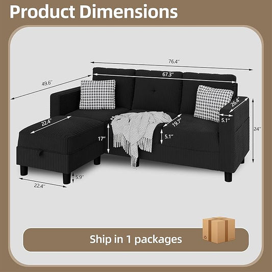 JAMFLY Convertible Sectional Couches for Living Room, L-Shaped Couch 3 Seat Sectional Sofa Set with Corduroy Fabric and Movable Ottoman Small Couch for Apartments, Office(Black)