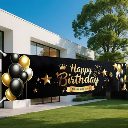 Nuxovilar Happy Birthday Banner Decorations 17.72x78.74 Inch Black Gold Crown Theme - Polyester for Indoor Outdoor Birthday Party Decor