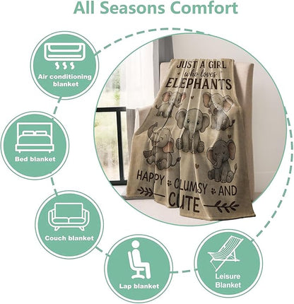 Elephant Throw Blanket Gifts for Boys Girls Kids Adults, Just a Girl Who Loves Elephants Flannel Blankets for Travel Sofa Living Room Decor 50"X60"