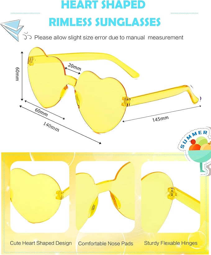40 Pairs Heart Shaped Sunglasses Bulk, Colorful Rimless Fun Heart Sunglasses for Women Party Favors