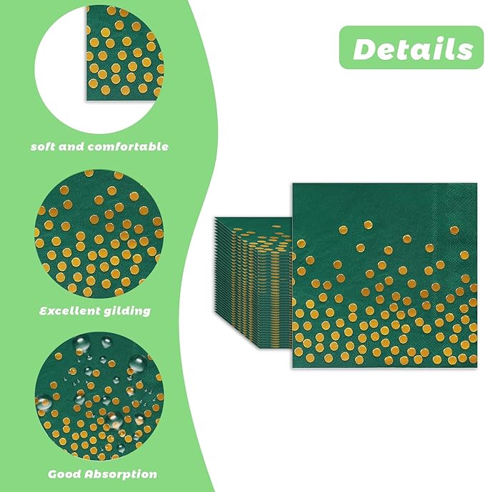 100 Pack 6.5x6.5 Inch Disposable Green and Gold Cocktail Napkins