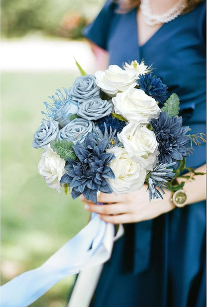 Artificial Flowers Combo Blue Flowers - Mix Silk Flowers Dahlia Roses with Stems ffor DIY Wedding Bouquets Bridal Shower Centerpieces Floral Arrangements Party Tables Home Decorations.