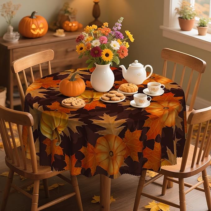 Eikione 70In Round Tablecloth, Pumpkin Table Cloth, Black Checkered Tablecloth Pumpkin Fall Tablecovers