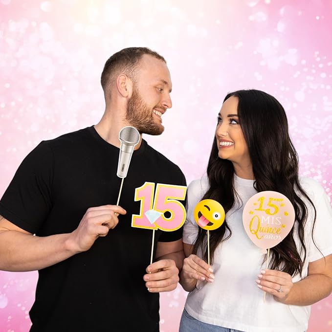 Quinceanera Photo Booth Props - 41-pc Photobooth Kit with 8 x 10-Inch Sign, 60 Adhesive Pads, 45 Sticks - Sweet 15 Photo Booth Props - Decoracion para 15 Años Quinceañeras