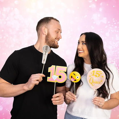 Quinceanera Photo Booth Props - 41-pc Photobooth Kit with 8 x 10-Inch Sign, 60 Adhesive Pads, 45 Sticks - Sweet 15 Photo Booth Props - Decoracion para 15 Años Quinceañeras