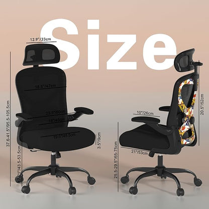 Office Chair for Back & Neck Pain Relief, Virgin Foam Seat, 2D Adjustable Lumbar & 3D Headrest, Flip-Up Armrests, Tilt & Rock for Relaxation, Black/UF