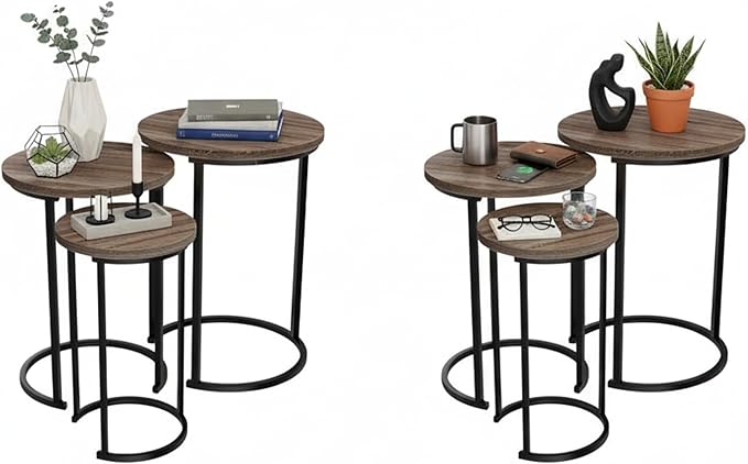 Lavish Home 6-Piece Nesting Tables – Set of 6 Round Side Tables with Woodgrain-Look Tops and Black Metal Frames – Modern Accent & End Table Set for Living Room, Bedroom, or Home Office (Gray/Brown)
