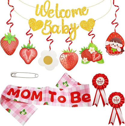 5 Pcs Strawberry Baby Shower Set Sash, Badges, Banner for Gender Reveal, Maternity Party & Pregnancy Celebration