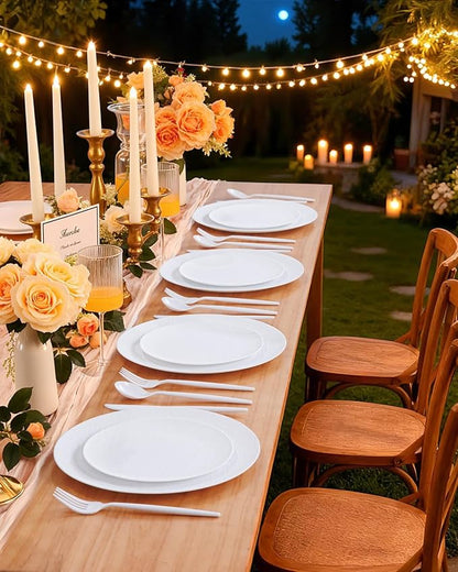 WONDERFUL 32pcs White Plastic Plates Reusable Unbreakable Dinnerware Set Dishes Set Dishwasher Safe Outdoor Plates Includes:16 Dinner 10" and 16 Dessert Plate 7.3" Ideal for Thanksgiving Christmas