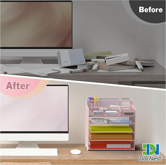 Docnest 5 Tier Mesh Desk Organizer for Paper Office Supplies – Multi-Functional Letter Tray with 5 Adjustable Compartments, 3 Pen Holders, Desktop Storage for Files, Mail, Stationery – Pink
