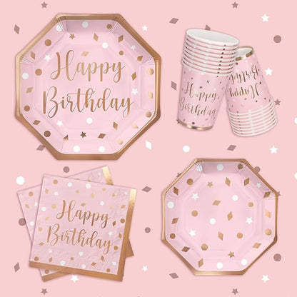 Rose Gold Birthday Party Supplies - Disposable Paper Plates, Napkins, Cups, Tablecloth & Banner for Girl/Women Celebration, Serves 25 - Decorate with Our Rose Gold Plates and Napkins Set
