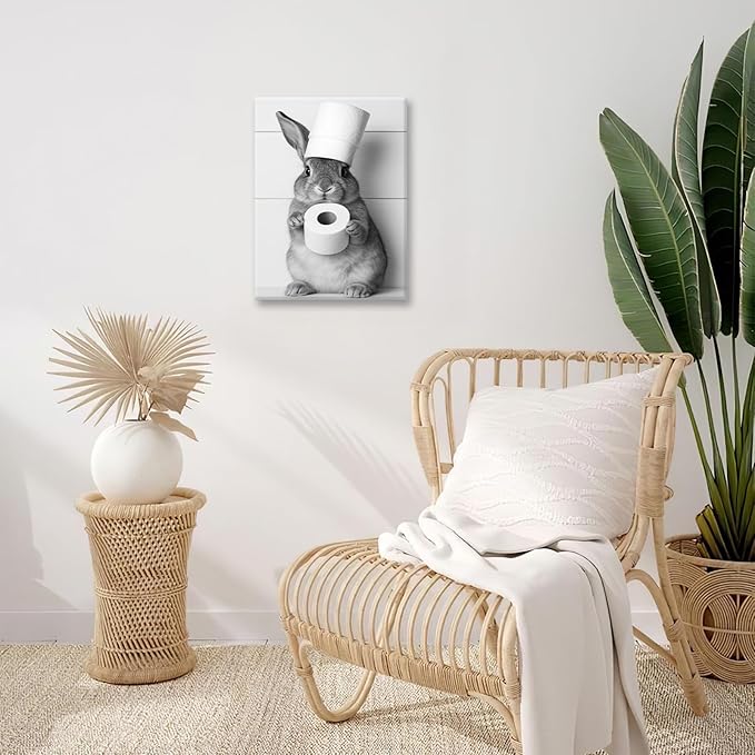 Bunny Bathroom Wall Art, Rabbit Pictures Wall Decor, Animal Canvas Prints Painting, Framed Artwork For Bathroom Living Room Bedroom Office Dining Room 24"X20"
