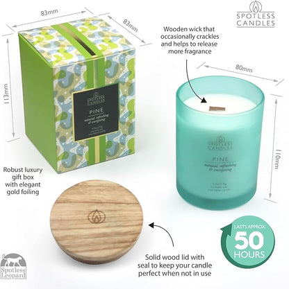 Pine Candle - 9.7 oz /275g 45-55 Hours Burn Time in Green Frosted Glass Jar with Wooden Lid and Wooden Crackling Wick in Luxurious Gift Box - Natural, Refreshing and Energising